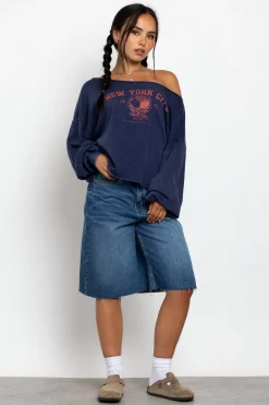 Women Daisy Street Tops | Hoodies & Sweatshirts-Slashed Neck Sweat With New York City Graphic