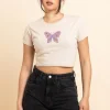 Women Daisy Street T-Shirts-Slim Crop T-Shirt with Patterend Butterfly Print