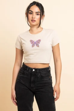 Women Daisy Street T-Shirts-Slim Crop T-Shirt with Patterend Butterfly Print