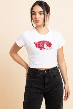 Women Daisy Street T-Shirts-Slim Crop T-Shirt with Hollywood Icon Print