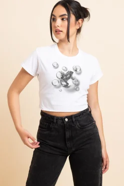 Women Daisy Street T-Shirts-Slim Crop T-Shirt with Frog Print