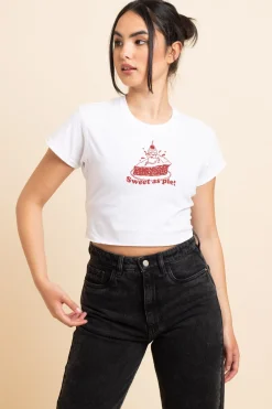 Women Daisy Street T-Shirts-Slim Crop T-Shirt with Sweet As Pie Print