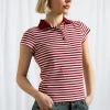 Women Daisy Street Tops-Slim Fit Stripe Polo Shirt With Short Sleeves