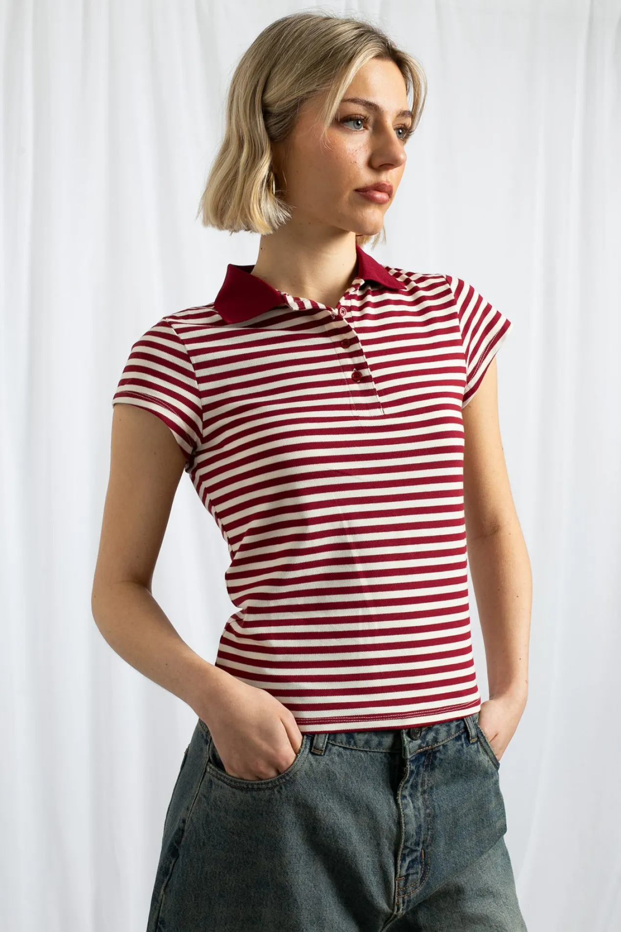 Women Daisy Street Tops-Slim Fit Stripe Polo Shirt With Short Sleeves