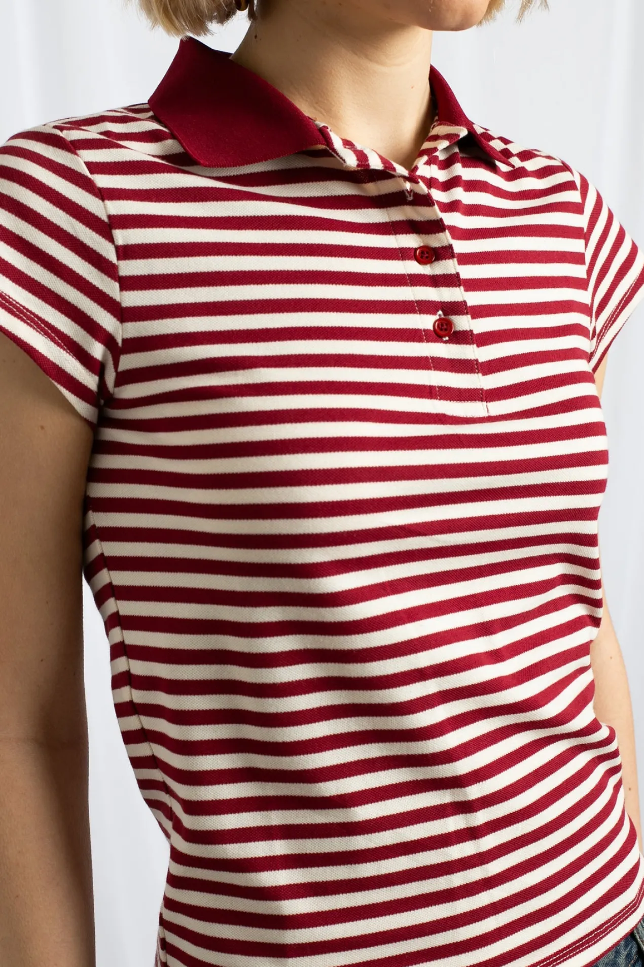 Women Daisy Street Tops-Slim Fit Stripe Polo Shirt With Short Sleeves