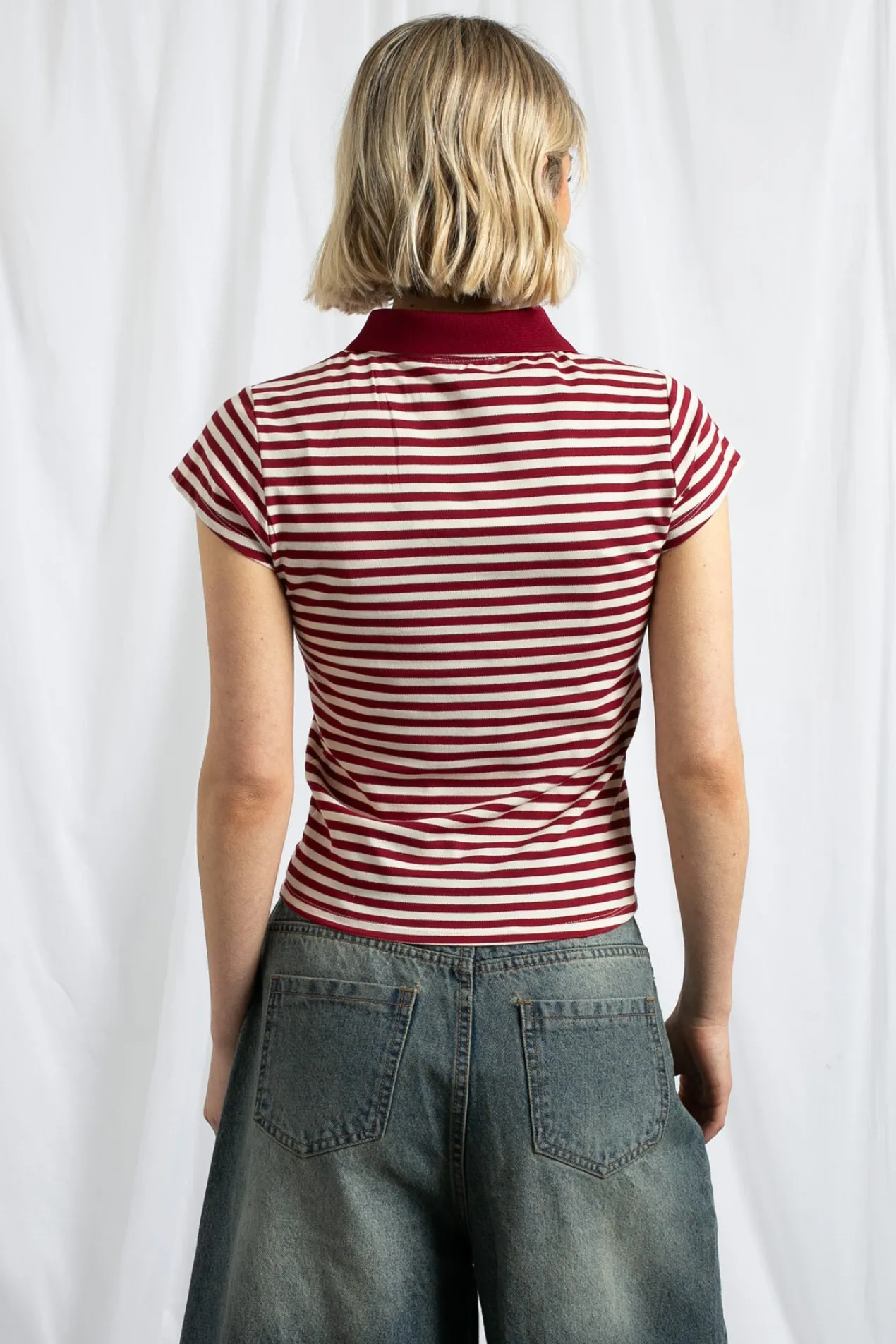 Women Daisy Street Tops-Slim Fit Stripe Polo Shirt With Short Sleeves