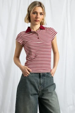 Women Daisy Street Tops-Slim Fit Stripe Polo Shirt With Short Sleeves