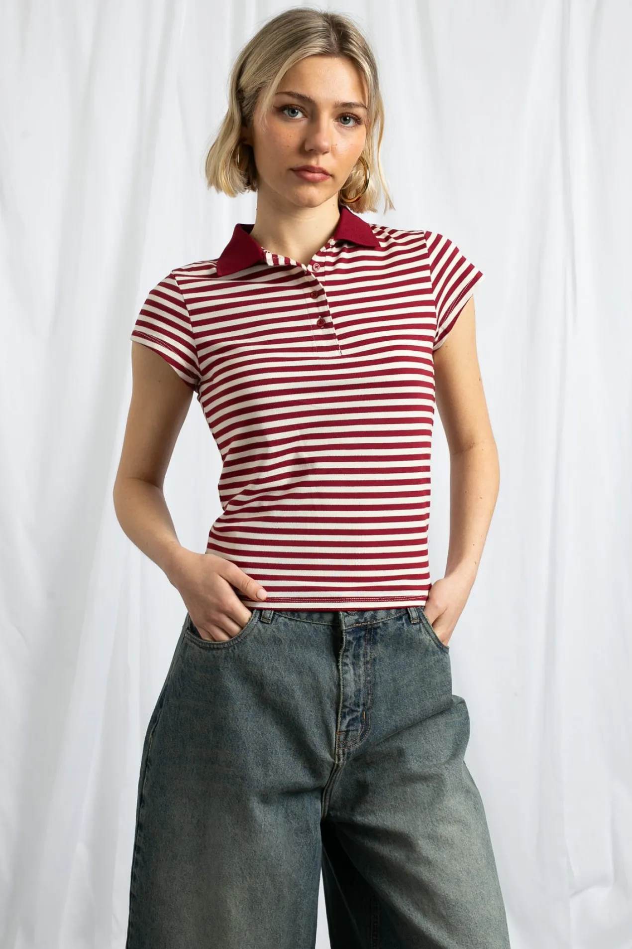 Women Daisy Street Tops-Slim Fit Stripe Polo Shirt With Short Sleeves