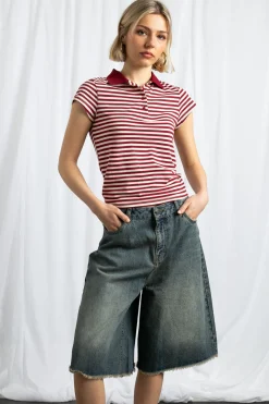 Women Daisy Street Tops-Slim Fit Stripe Polo Shirt With Short Sleeves