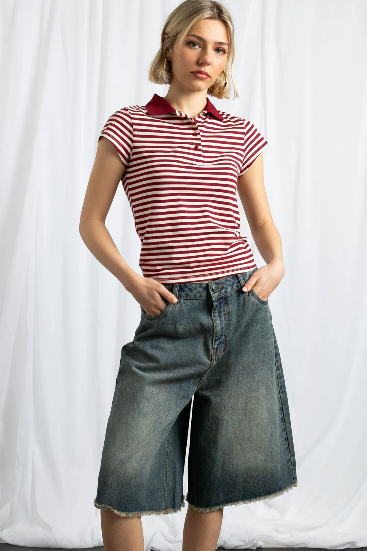 Women Daisy Street Tops-Slim Fit Stripe Polo Shirt With Short Sleeves