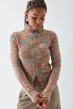 Women Daisy Street Tops-Space Die Zip Knitted Top with Embroidery