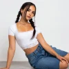 Women Daisy Street Tops-Square Neck Top With Lace Trim Detailing