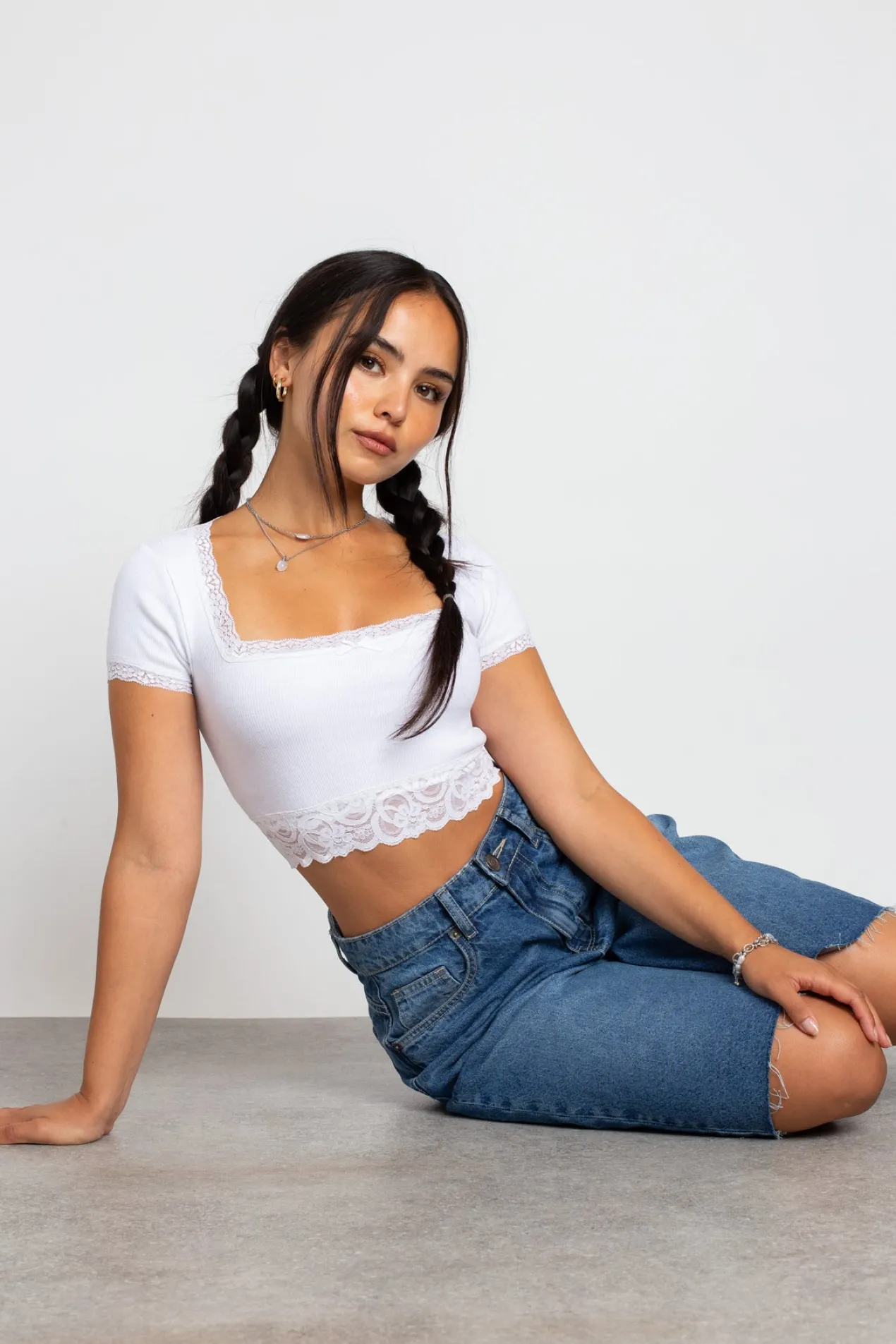 Women Daisy Street Tops-Square Neck Top With Lace Trim Detailing