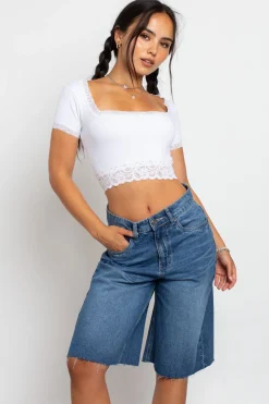 Women Daisy Street Tops-Square Neck Top With Lace Trim Detailing