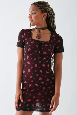 Women Daisy Street Dresses-Square Neck Mesh Mini Dress