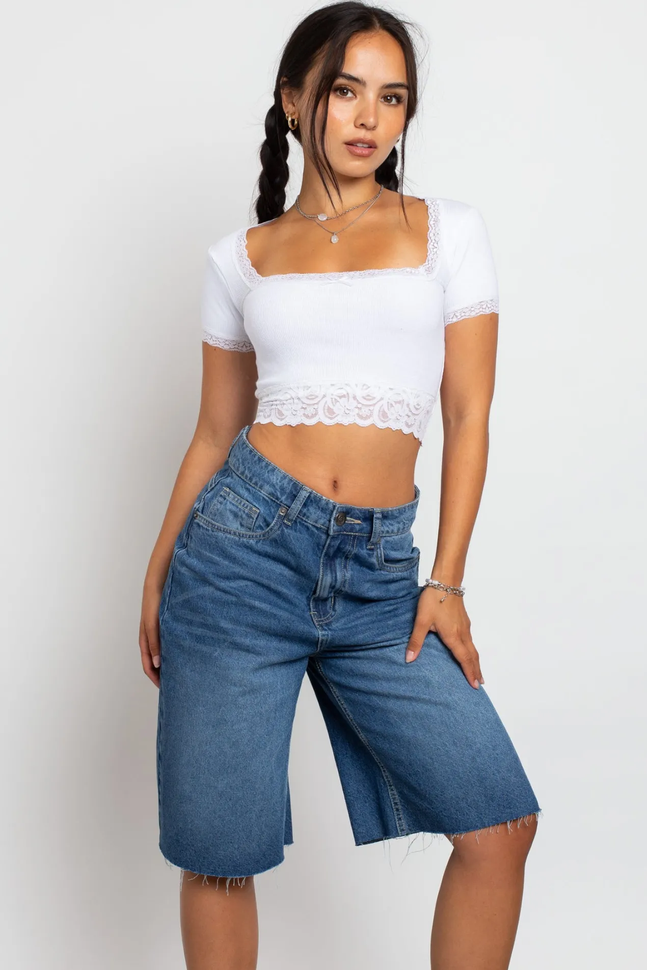 Women Daisy Street Tops-Square Neck Top With Lace Trim Detailing