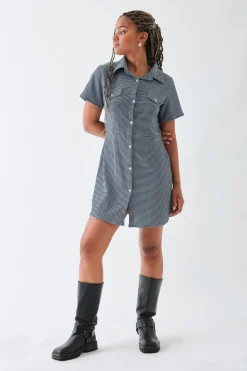 Women Daisy Street Dresses-Textured Check Mini Shirt Dress