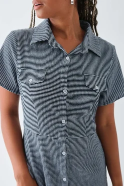 Women Daisy Street Dresses-Textured Check Mini Shirt Dress
