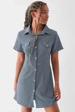 Women Daisy Street Dresses-Textured Check Mini Shirt Dress