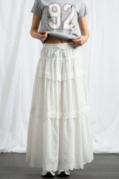 Women Daisy Street Skirts-Three Tiered Maxi Skirt With Elasticated Waist And Broderie Trim