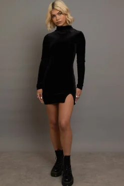 Women Daisy Street Partywear | Dresses-Velvet High Neck Mini Dress