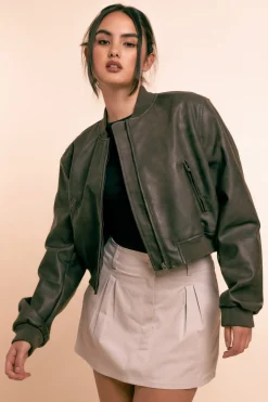Women Daisy Street Jackets-Vintage Pu Bomber Jacket in -Black
