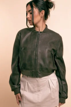 Women Daisy Street Jackets-Vintage Pu Bomber Jacket in -Black