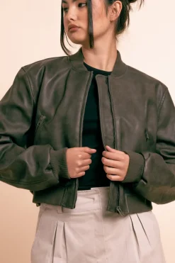 Women Daisy Street Jackets-Vintage Pu Bomber Jacket in -Black