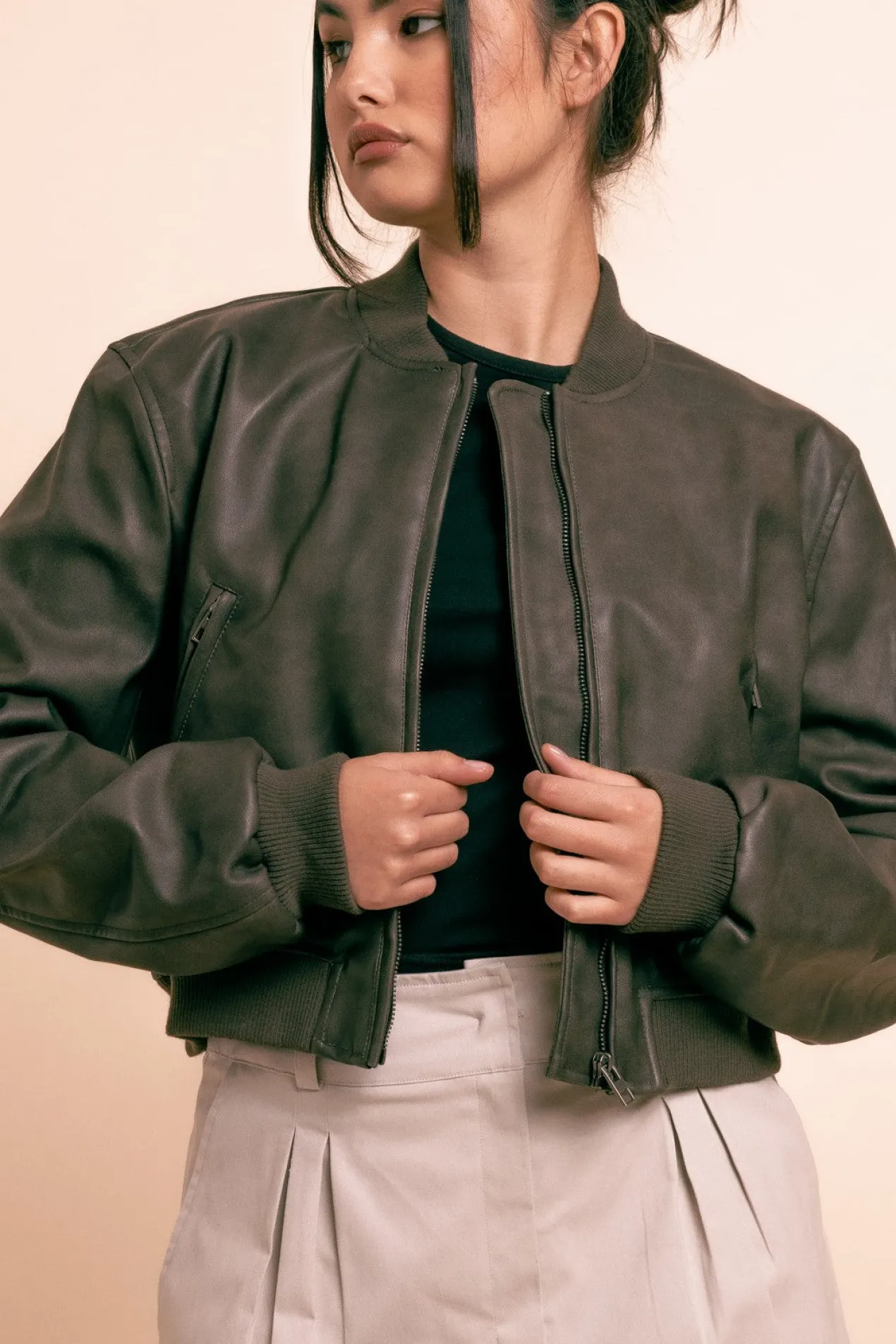 Women Daisy Street Jackets-Vintage Pu Bomber Jacket in -Black