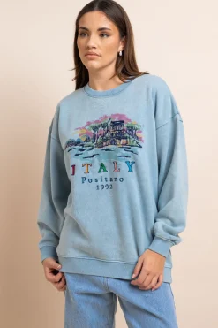 Women Daisy Street Hoodies & Sweatshirts-Washed Sweat With Print & Embroidery