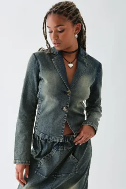 Women Daisy Street Jackets-Washed Stretch Denim Blazer