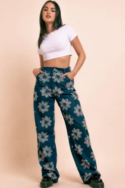 Women Daisy Street Trousers-Wide Leg Printed Denim Jeans