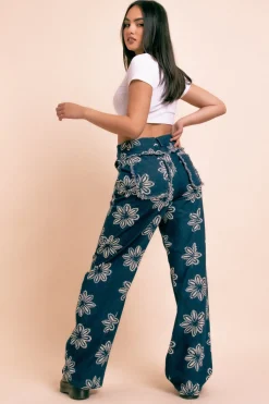 Women Daisy Street Trousers-Wide Leg Printed Denim Jeans