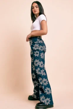 Women Daisy Street Trousers-Wide Leg Printed Denim Jeans