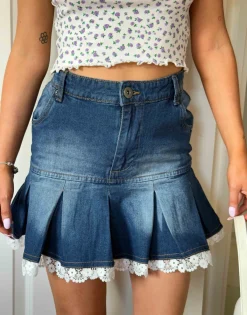 Women Daisy Street Skirts-x Chloe Davie Y2K Mini Pleated Denim Skirt with Lace Trim
